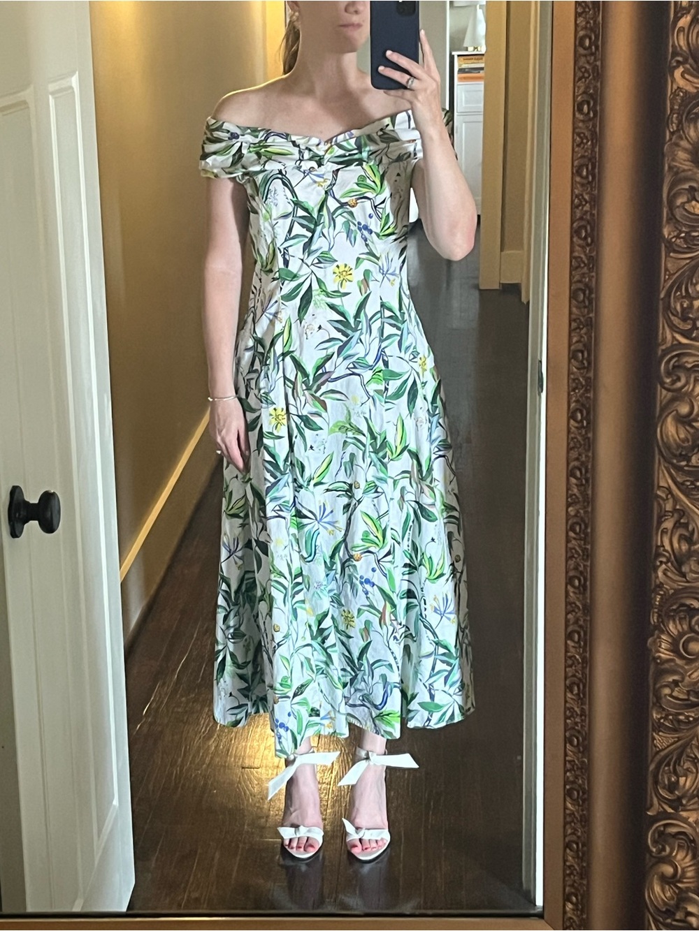 Jason Wu One-Shoulder Floral Midi Dress in White and Green